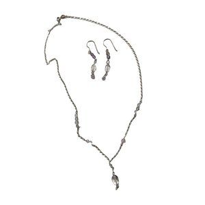 Set Delicate Silvertone 18" Necklace and 1.5" Drop Hook Earrings Orchid Beads